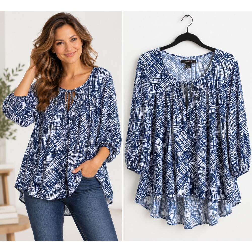 New Style & Co 3/4 Sleeve Blouse Top Tunic Size Small Sasha Plaid Navy White
